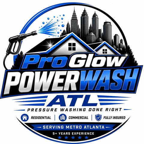 ProGlow PowerWash ATL logo featuring pressure washer wand, Atlanta skyline, house, and blue accents with service badges