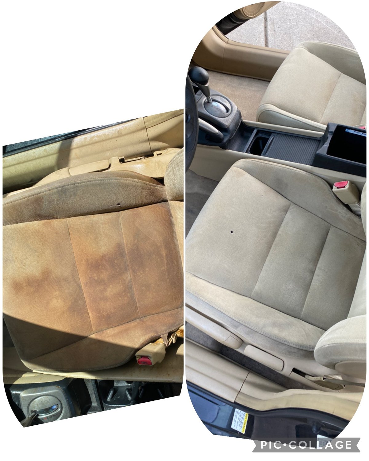 Before and after of car interior with tan leather seats restored