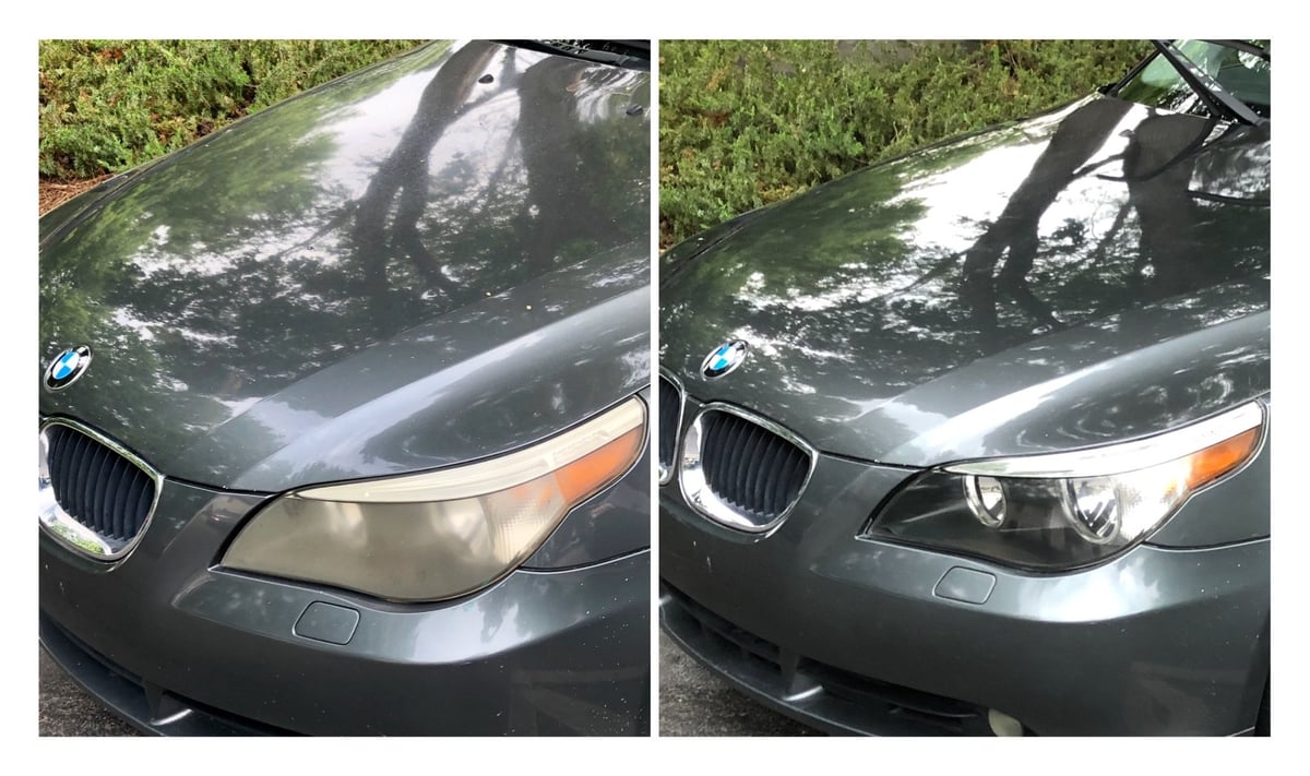 Before and after headlight restoration on BMW